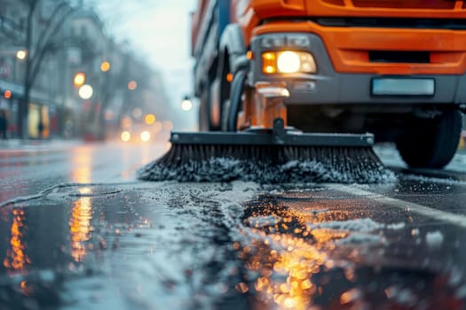 Close-up of a cleaning car sweeping the street. AI generated image.