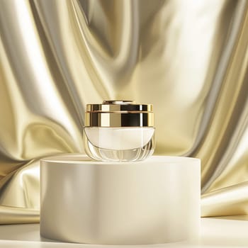 Face cream in a glass jar on a white and gold background. Skin care concept. Backdrop for beauty cosmetic products