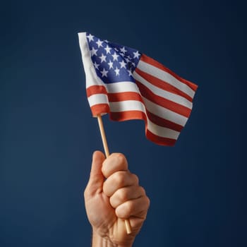 Focused image of a hand proudly holding a flag, of America is Independence Day