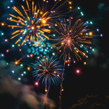 fireworks celebrating, a blur background of a city sky night, America Independence Day