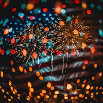 fireworks celebrating, a blur background of a fluttering American flag, America Independence Day