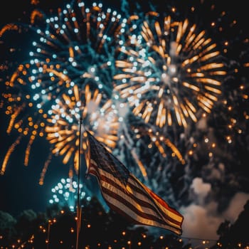 fireworks celebrating, a blur background of a city sky night, America Independence Day