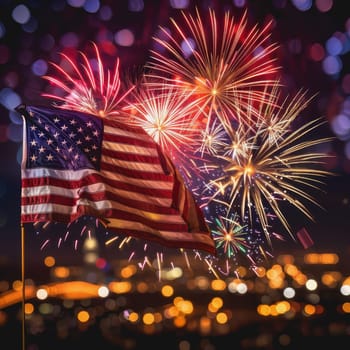 fireworks celebrating, a blur background of a fluttering American flag, America Independence Day