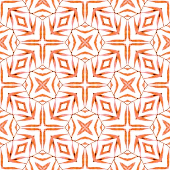 Textile ready remarkable print, swimwear fabric, wallpaper, wrapping. Orange symmetrical boho chic summer design. Organic tile. Trendy organic green border.