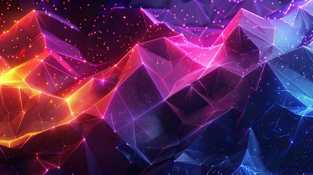 Neon triangles abstract technology background with golden highlights. Geometric low poly banner design