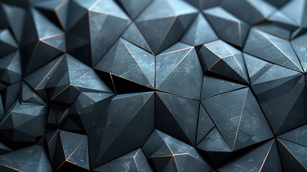 Black background of polygonal shapes, mosaic of low poly triangles with golden lines.