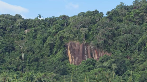 Video of a majestic cliff surrounded by dense forest, showcasing green trees, a rock formation, and a clear blue sky.