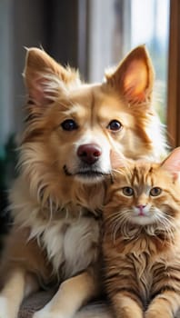 cute cat and dog get along together and posing for the camera very nice for multimedia content creation