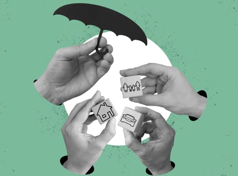 Collage of hands holding house, a car and a family life insurance symbol.