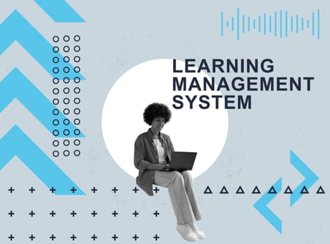 Learning management system LMS. Collage with a young woman working on laptop.