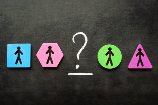 Multi-colored figures and question mark. Diverse hiring abstract.