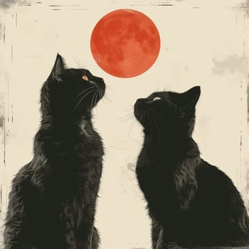 This image depicts two black cats, looking up at a full red moon in the sky. The cats are both sitting and looking upwards, with their heads tilted slightly. The moon is large and full, with a red hue, and the background is a light beige color. The image has a soft, vintage aesthetic.