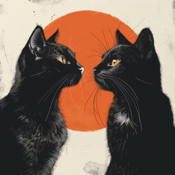 Two black cats are facing each other in the foreground of the image. They appear to be looking directly at one another with their mouths slightly open. The cats are positioned in front of a large, bright orange circle, which takes up most of the background. The background is textured, suggesting a vintage style.