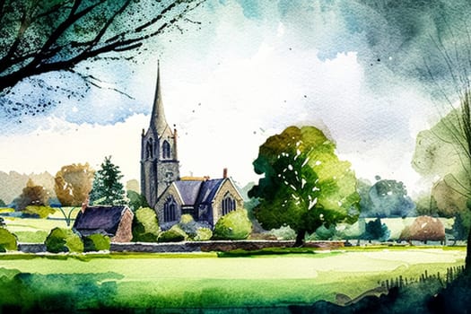 Fine art watercolour painting of the English countryside landscape, romantic nature evoking a sense of tranquility and natural beauty, printable art design idea