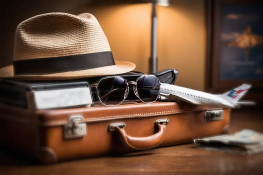 The hat is lying on a suitcase on the airplan. High quality photo. A beige hat is lying on a brown suitcase. Nearby are glasses and tickets