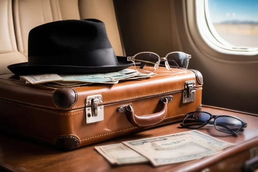 The hat is lying on a suitcase on the train. High quality photo. A black hat is lying on a brown suitcase. Nearby are glasses and tickets