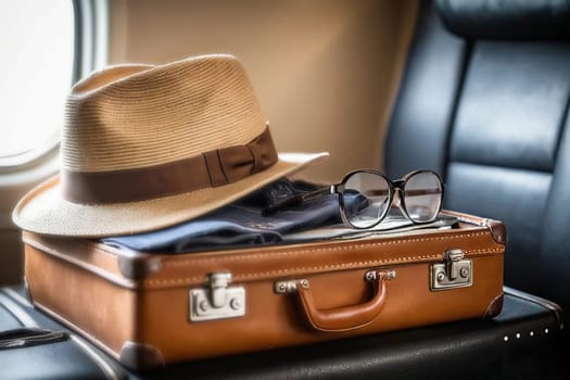 The hat is lying on a suitcase on the airplan. High quality photo. A beige hat is lying on a brown suitcase. Nearby are glasses and tickets