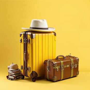 The hat is lying on a suitcase on the airplan. High quality photo. A beige hat is lying on a brown suitcase. Nearby are glasses and tickets