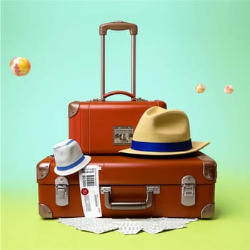 The hat is lying on a suitcase on the airplan. High quality photo. A beige hat is lying on a brown suitcase. Nearby are glasses and tickets