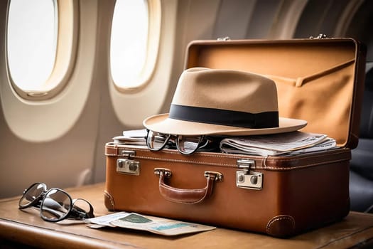 The hat is lying on a suitcase on the airplan. High quality photo. A beige hat is lying on a brown suitcase. Nearby are glasses and tickets