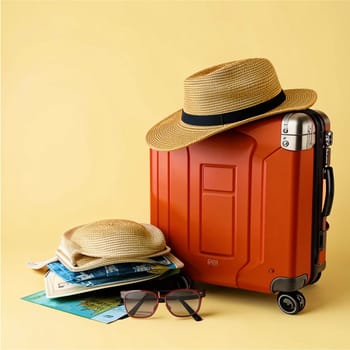 The hat is lying on a suitcase on the airplan. High quality photo. A beige hat is lying on a brown suitcase. Nearby are glasses and tickets