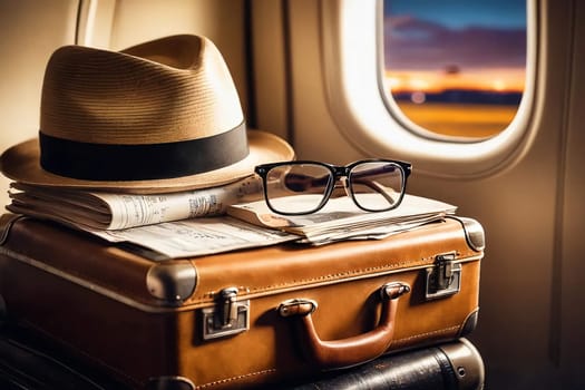 The hat is lying on a suitcase on the airplan. High quality photo. A beige hat is lying on a brown suitcase. Nearby are glasses and tickets