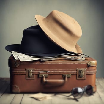 Beige and black hats lying on a brown suitcase. High quality photo.