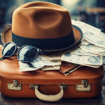 The hat is lying on a suitcase on the airplan. High quality photo. A beige hat is lying on a brown suitcase. Nearby are glasses and tickets