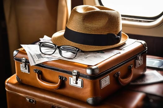 The hat is lying on a suitcase on the airplan. High quality photo. A beige hat is lying on a brown suitcase. Nearby are glasses and tickets