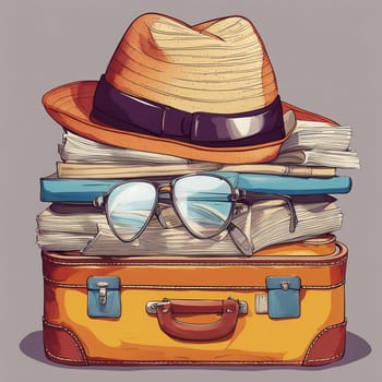 The hat is lying on a suitcase on the airplan. High quality photo. A beige hat is lying on a brown suitcase. Nearby are glasses and tickets