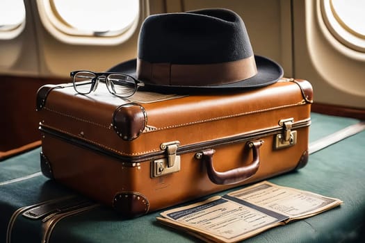The hat is lying on a suitcase on the train. High quality photo. A black hat is lying on a brown suitcase. Nearby are glasses and tickets