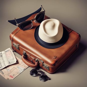 The hat is lying on a suitcase on the airplan. High quality photo. A beige hat is lying on a brown suitcase. Nearby are glasses and tickets