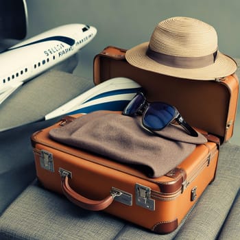 The hat is lying on a suitcase on the airplan. High quality photo. A beige hat is lying on a brown suitcase. Nearby are glasses and tickets