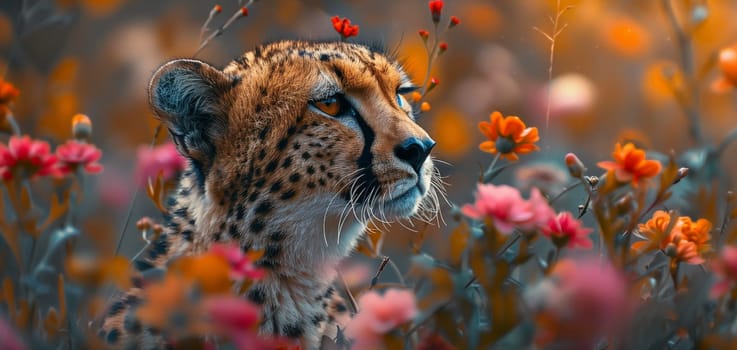 A close-up photograph of a cheetahs head, taken in a meadow filled with vibrant orange and pink flowers. The cheetahs spotted fur is in focus, and its eyes are looking towards the right side of the frame. The image creates a sense of tranquility and beauty, highlighting the contrasting colors and textures of the animal and its natural surroundings.