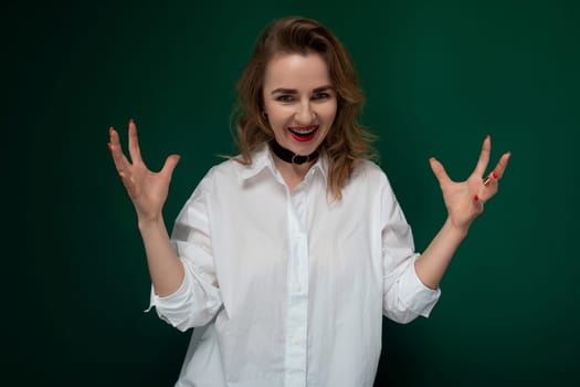 A woman is depicted wearing a crisp white shirt and a trendy black choker around her neck, creating a fashionable and stylish look. The contrast between the white shirt and black choker adds a subtle but edgy element to her outfit.