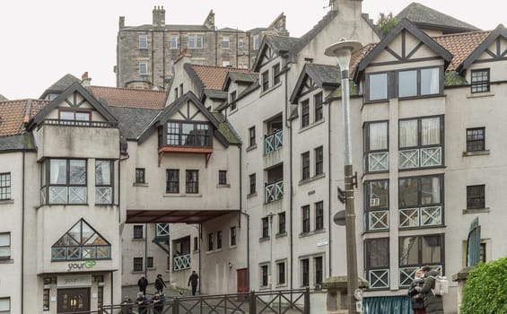 Edinburgh, Scotland - Jan 16, 2024 - Architecture exterior of Traditional buildings on Hawthornbank Lane in Dean Village. Tenement houses, Space for text, Selective focus.