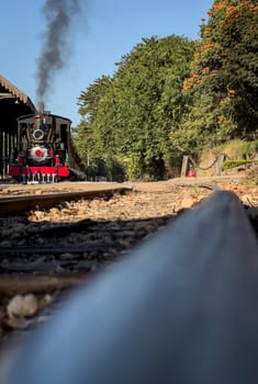 A vintage steam locomotive chugs along the railway, releasing smoke amidst a backdrop of lush trees.