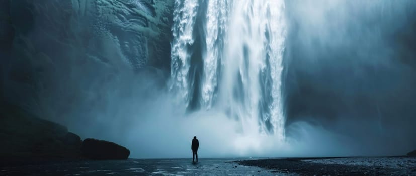 Adventure seeker standing in awe of majestic waterfall, exploring the beauty of nature on a travel journey