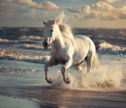 Serenity of a white horse galloping on a sandy beach at sunset with ocean background