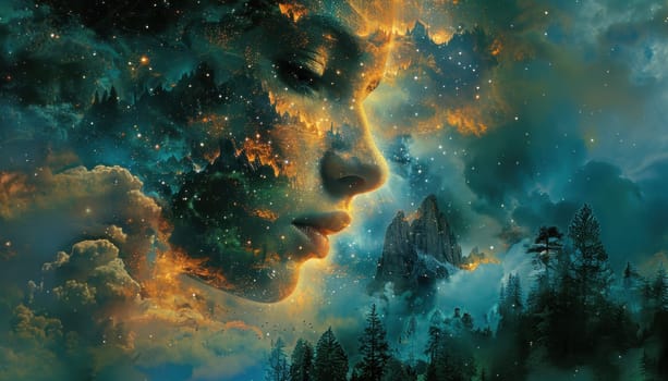 Woman's face in the sky surrounded by clouds and trees serene beauty in nature's canvas