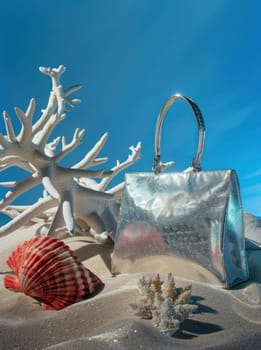 Silver purse and beach treasures fashion and beauty on the shore under blue sky