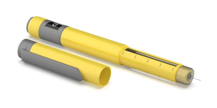 Yellow insulin pen on white background