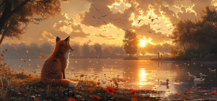 A red fox sits on the grassy shore of a lake, watching the sun set over the water. The sky is filled with a golden light, and birds fly overhead. Ducks swim in the lake, and red flowers bloom along the shore.