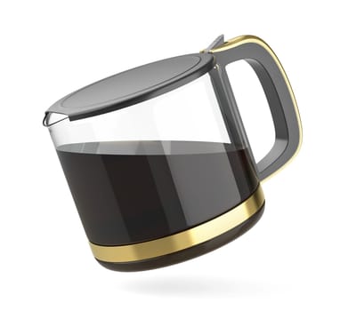 Glass jug with filter coffee on white background