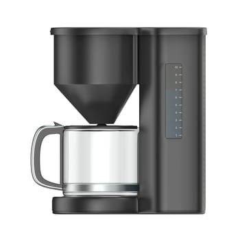 Side view of a black filter coffee machine on a white background