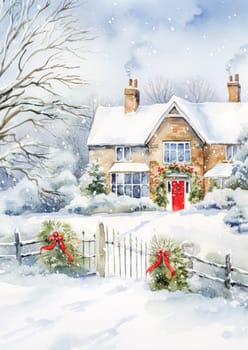 Watercolour printable winter countryside art print, English country cottage and snow, Christmas holiday, thank you and Happy Holidays diy greeting card design