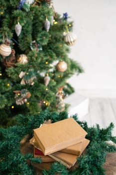 Book with copy space at the chtistmas tree