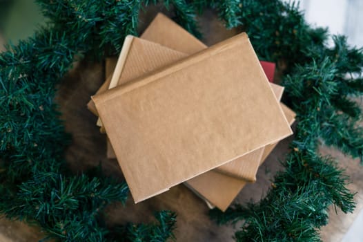 Book or handmade notebook with copy space at the chtistmas tree