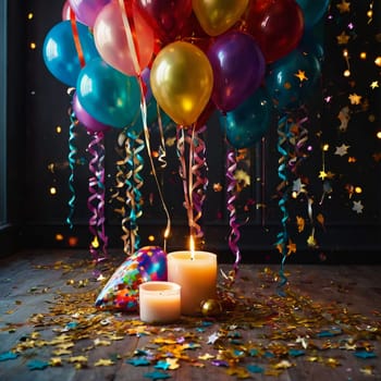 Lots of colorful festive balloons and confetti. High quality photo.