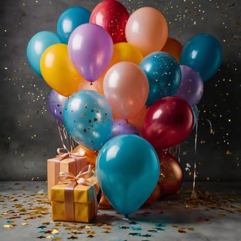 Lots of colorful festive balloons and confetti. High quality photo.